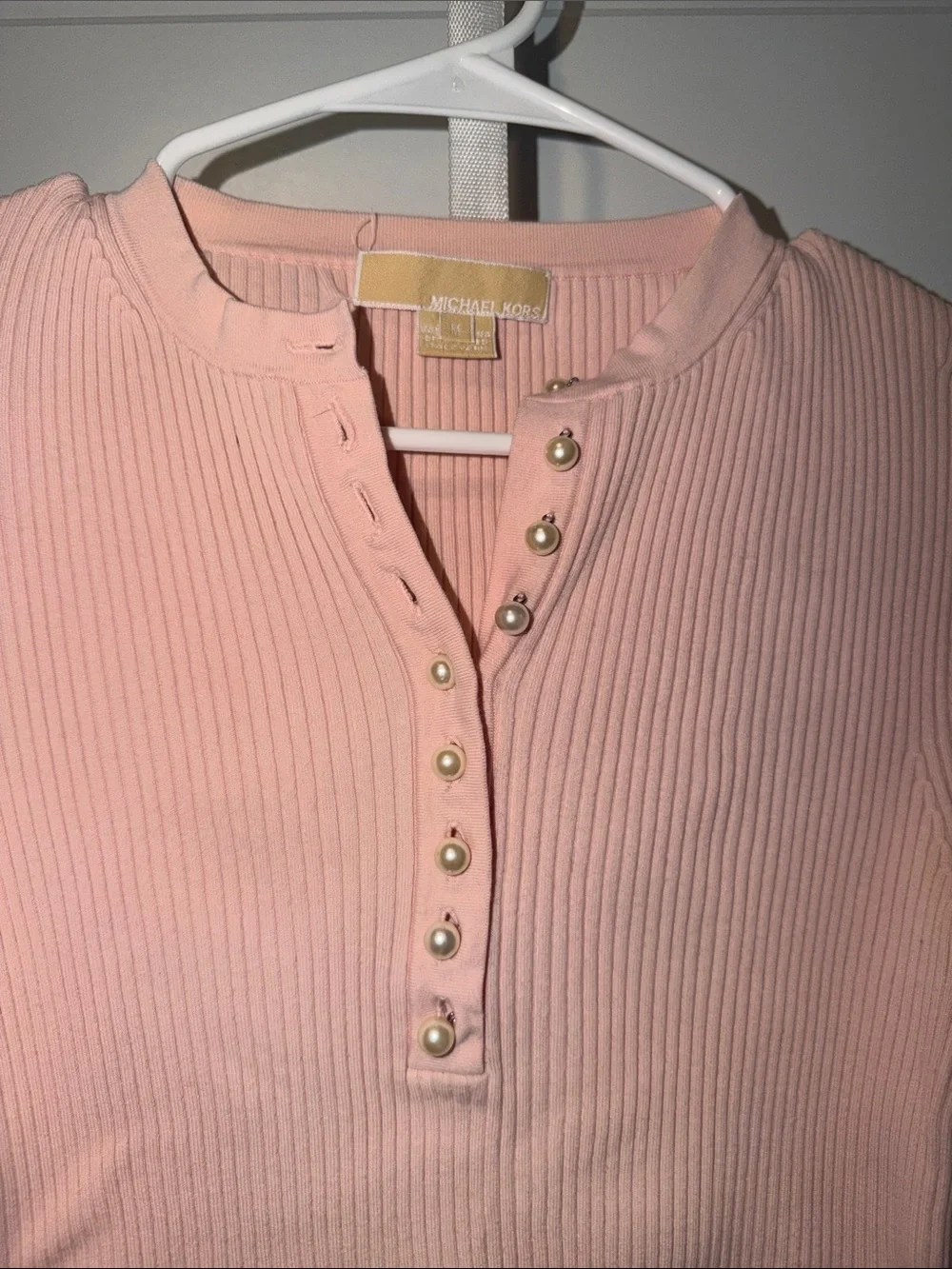 Michael Kors Ribbed Henley Long Sleeve Top in Blush Pink